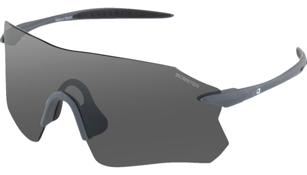 Matte gray wraparound sunglasses with smoke silver mirror lens and slim arms by Bobster.