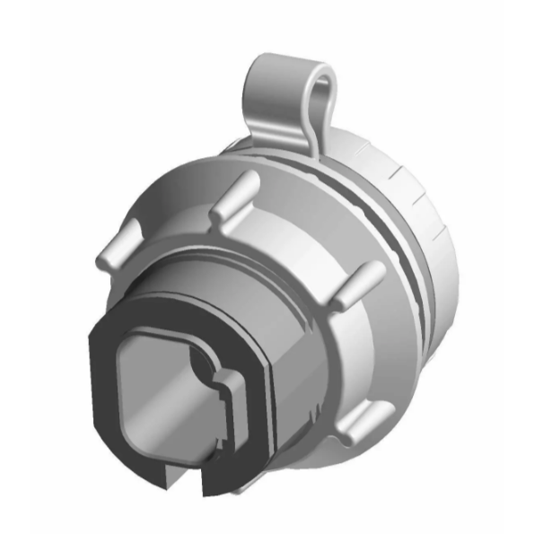 Gray circular plastic assembly with a black rectangular charge port connector and mounting tab.