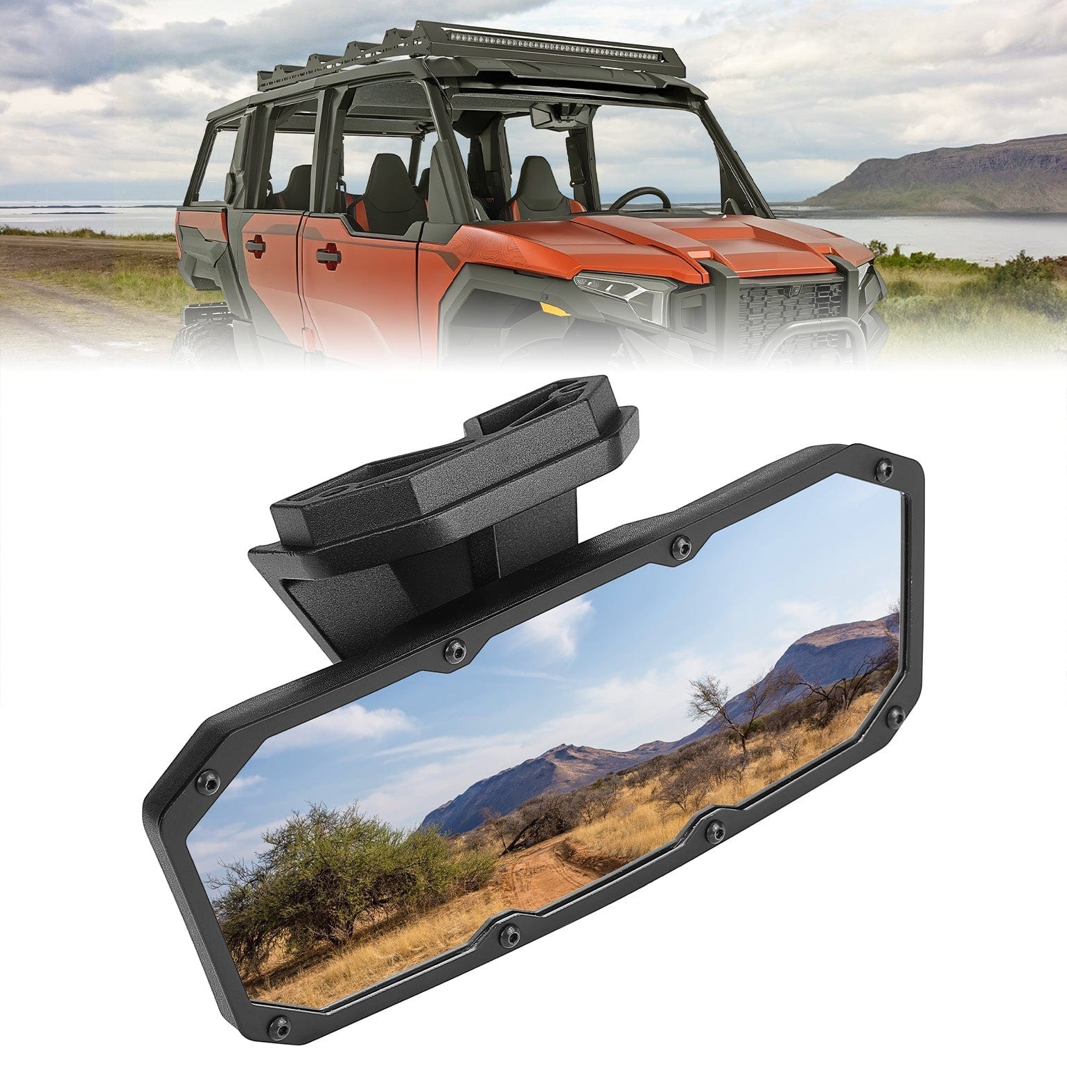 A Polaris XPEDITION with a roof rack is parked in nature; beneath it, the Kemimoto 10.2 Center Mirror reflects a clear view of the dirt road, hills, and shrubs under a blue sky.