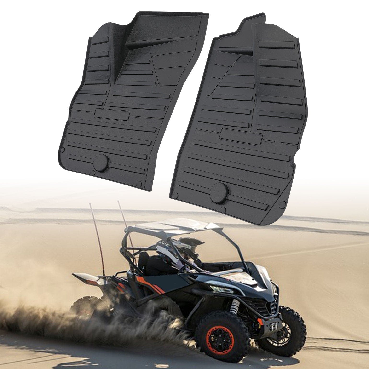 A pair of black TPE front floor mats by Kemimoto for the CFMOTO ZFORCE 950 HO EX | HO Sport are pictured above an off-road vehicle driving through sand dunes.