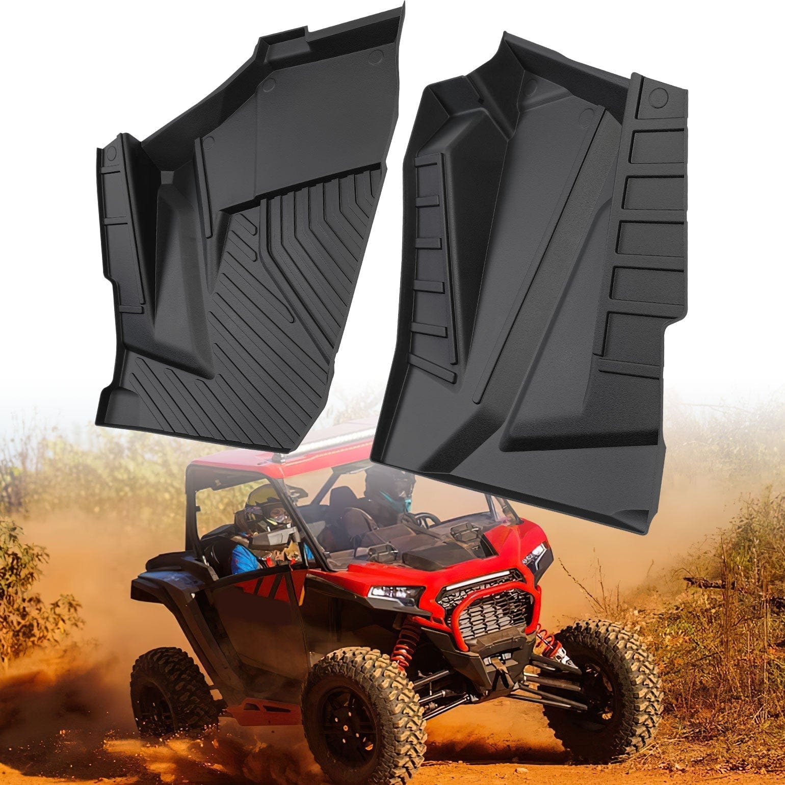 Two Polaris RZR XP 1000/4 1000 Front TPE Floor Mats by Kemimoto in black are displayed above a red off-road vehicle on dirt, with dust and greenery. The mats offer raised edges, textured patterns, and slip-resistant surfaces for all-weather use.