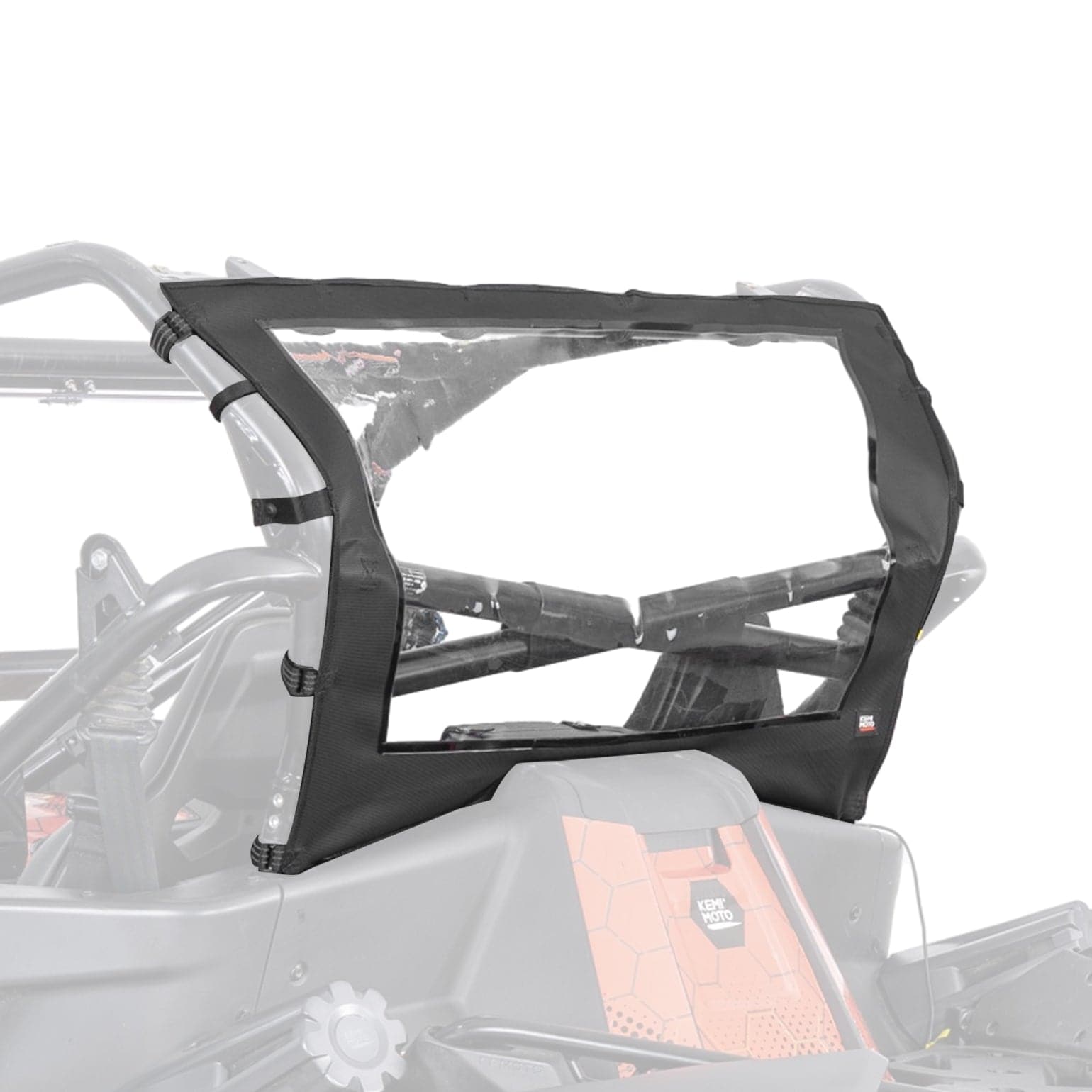A clear soft windshield with a black fabric border is attached to the front frame of an off-road vehicle, pairing with the CFMOTO ZForce 950 UTV Soft Rear Windshield by Kemimoto for extra protection. The rest of the vehicle appears partially faded for emphasis.