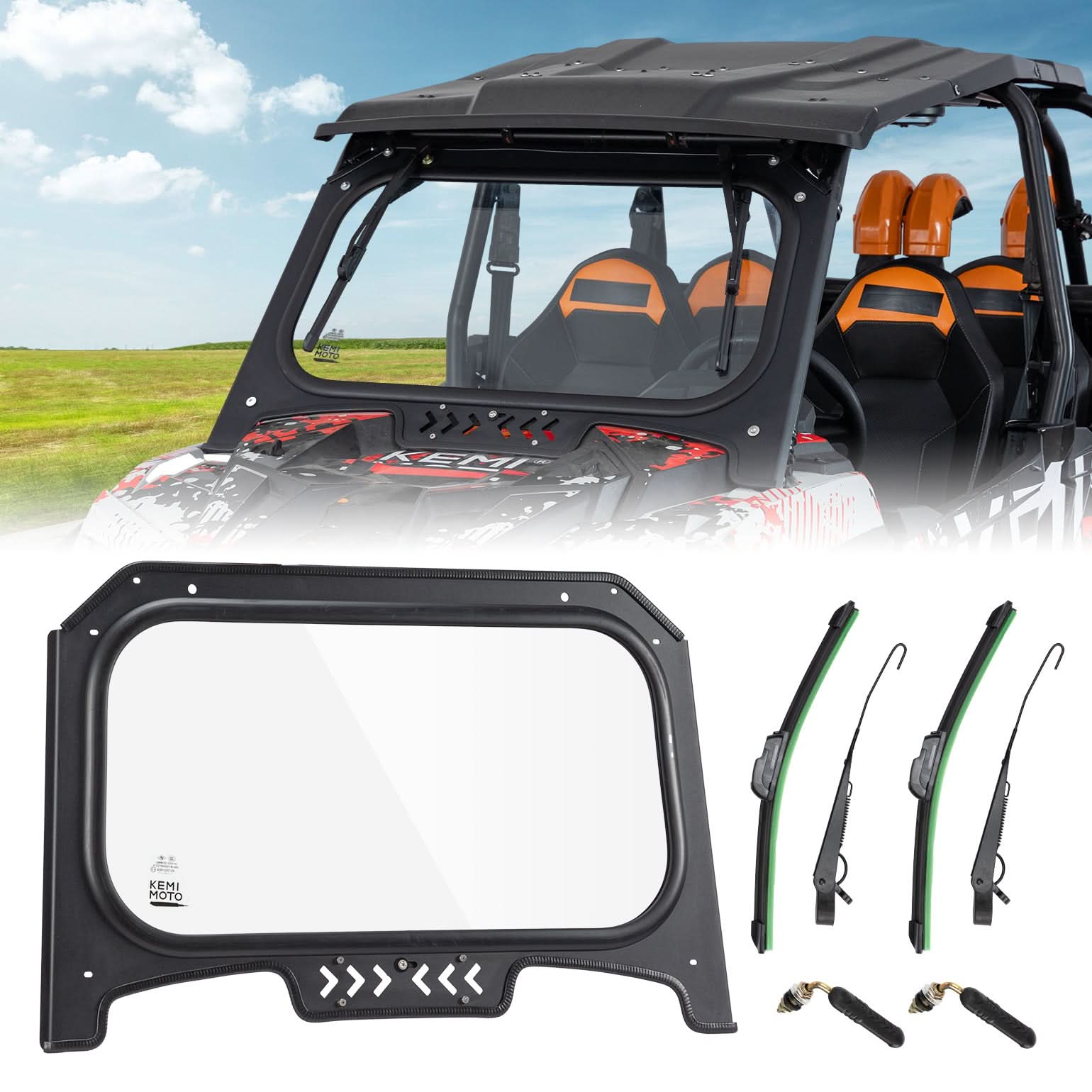 Polaris RZR XP 1000 / Turbo Glass Windshield with 2 Manual Wipers by Kemimoto
