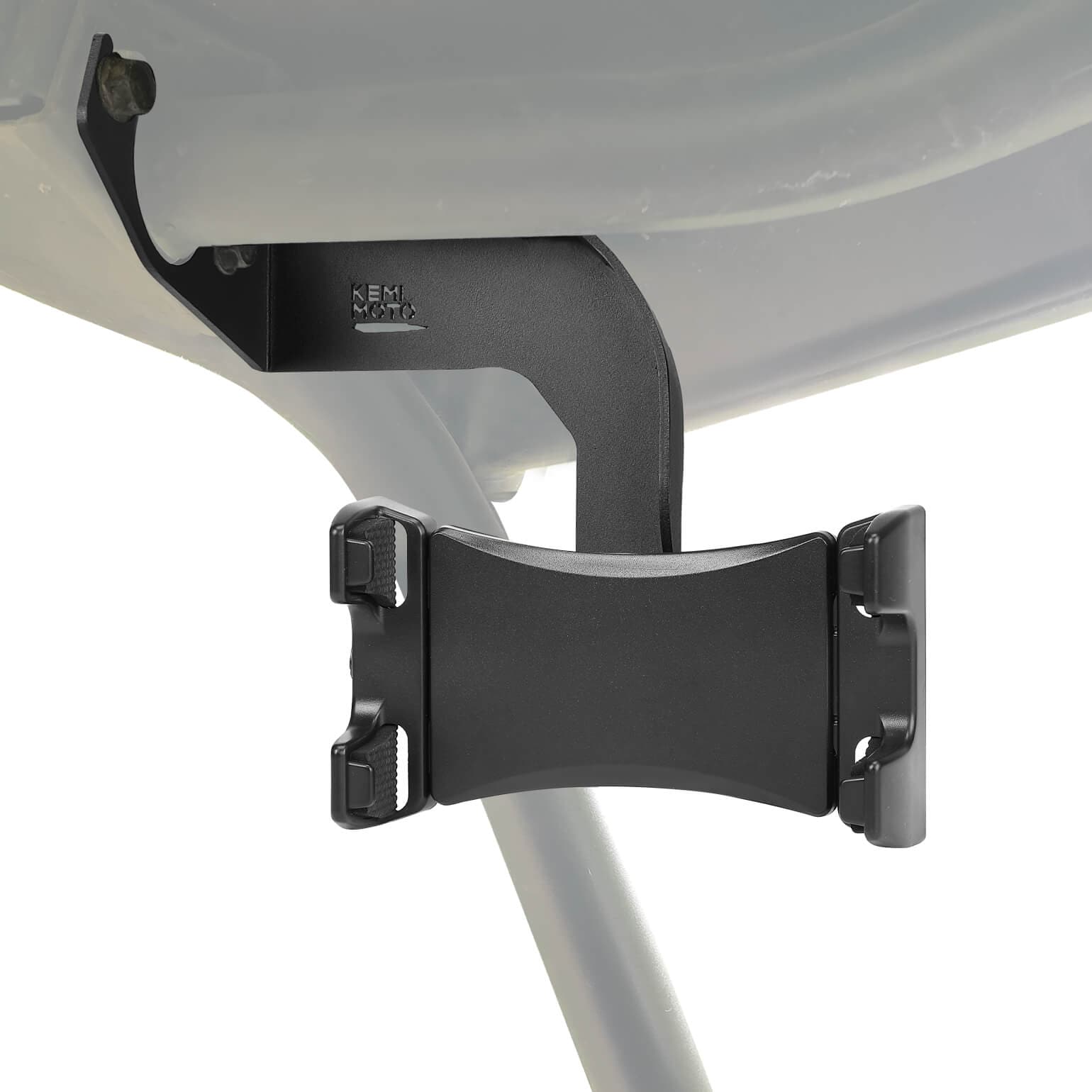 A close-up of the Kawasaki Teryx Cell Phone Holder 360 Degree Adjustable by Kemimoto, a black universal mount with a curved holder attached to the side of gray metal, securing your phone for convenience.