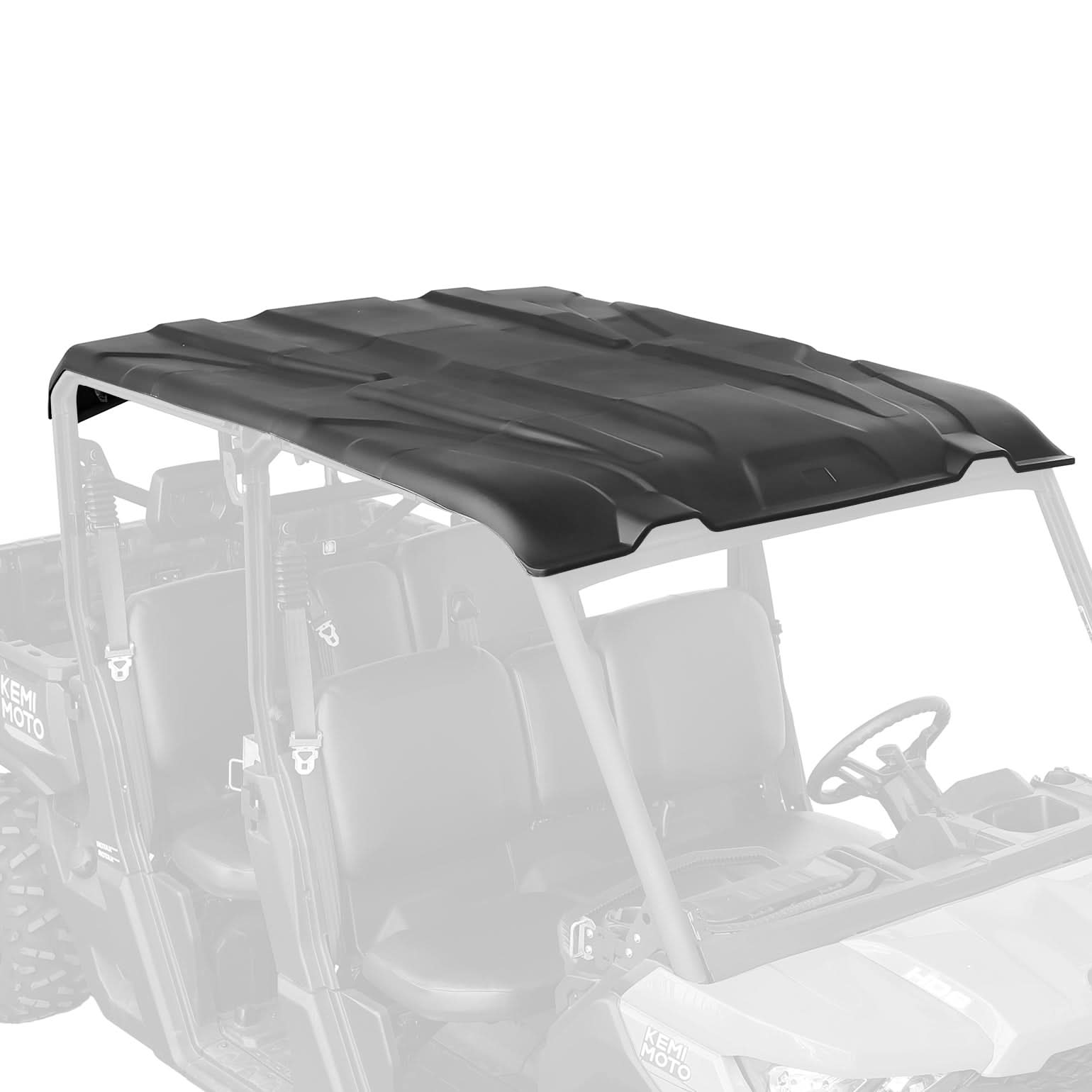 A black Kemimoto Sport Hard Roof Top (4 pieces, polypropylene) is installed on a partially transparent Can-Am Defender Max, shown from an angled front view against a white background.
