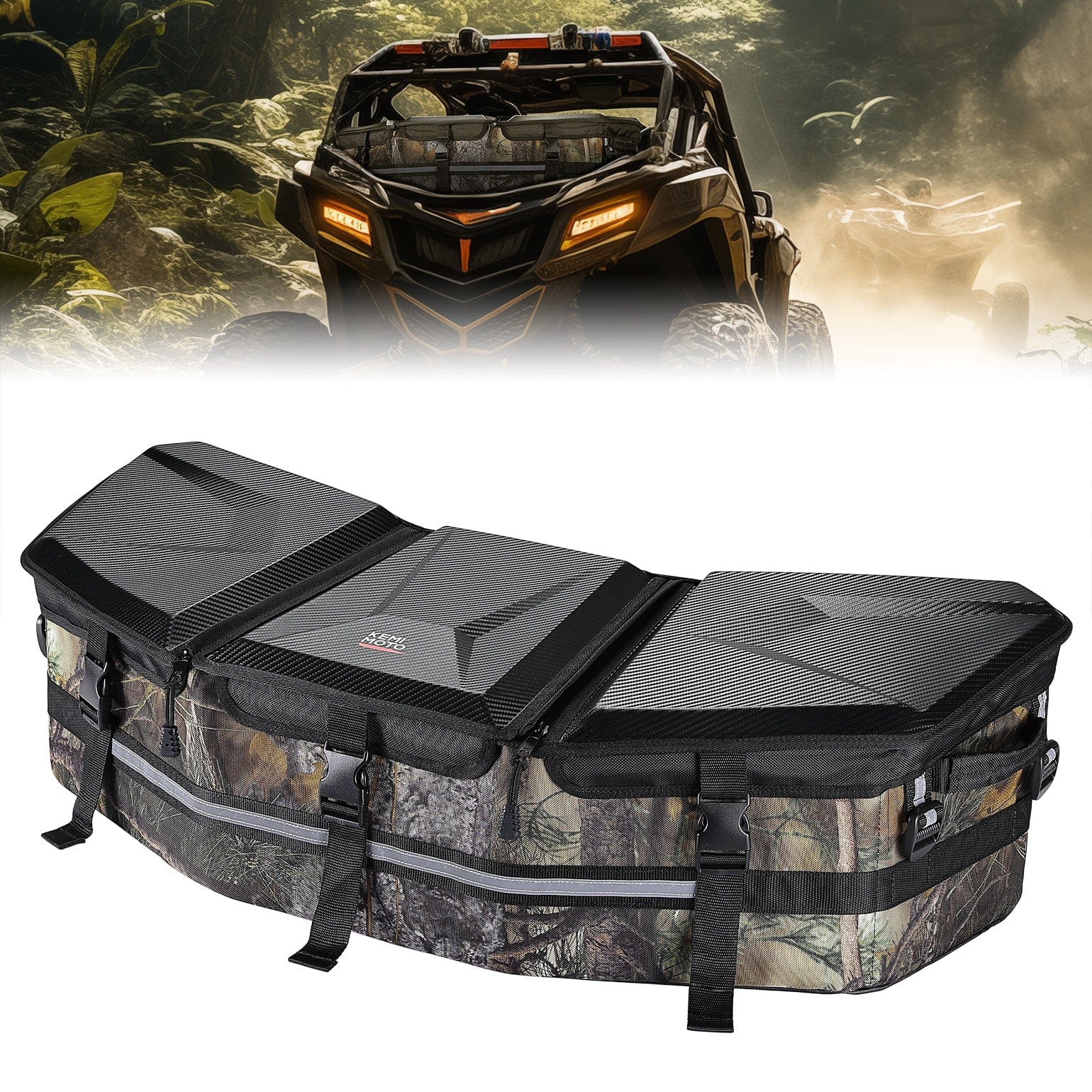 The Can-Am Maverick X3/MAX Camo Rear Storage Bag by Kemimoto, featuring black camo and three compartments with an insulated cooler section, is shown in front of an off-road vehicle in a forest.