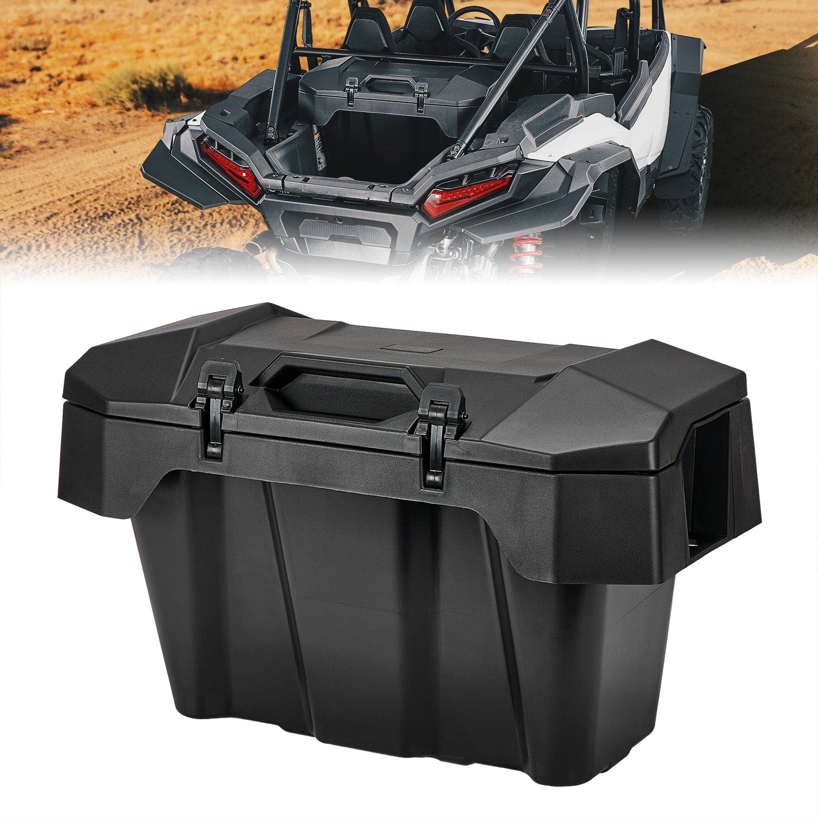 The Polaris RZR XP 1000/4 1000 Rear Cargo Box 82QT by Kemimoto, a heavy-duty black storage box with latches, is displayed in front of an off-road utility vehicle—perfect for keeping gear secure on sandy terrain.