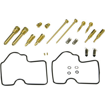 The Kawasaki Carburetor Repair Kit by Shindy includes jet needle sets, float valves, brass jets, springs, O-rings, and two black rubber gaskets displayed on a white background.