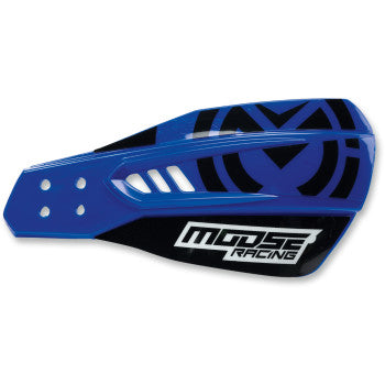 The Qualifier Hand Guards Blue by Moose Offroad are blue and black plastic shields with white holes, angled cutouts, bold black accents, and the Moose Racing logo. Made from durable injected-molded composite for reliable protection.