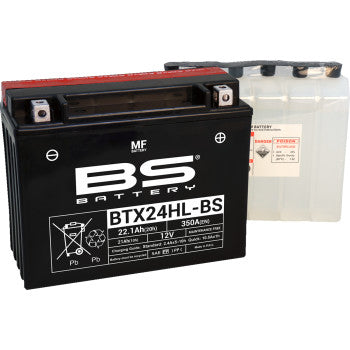 A black Battery - BTX24HL-BS (YTX) by Bs Battery is displayed beside a clear acid pack, both showing specs and instructions. This maintenance-free battery delivers reliable performance in diverse conditions.