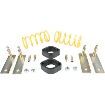 The Lift Kit Front Back 2.00 by High Lifter features yellow coil springs, black spacers, four metal brackets, bolts, and nuts—assembled for better ground clearance and shown neatly arranged on a white background.
