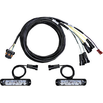 Two Straightline Performance Reverse Light Low Profile LED bars with connecting wires and a multi-colored wiring harness for a sleek factory look, displayed on a white background.