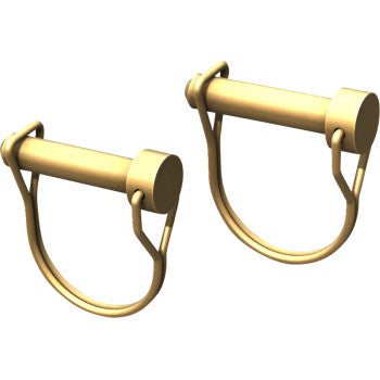 Two 3/8" gold-colored ATV Plow Pins by KFI Products, with attached wire retaining rings, designed for use with KFI ATV Plow Blades, displayed against a white background.