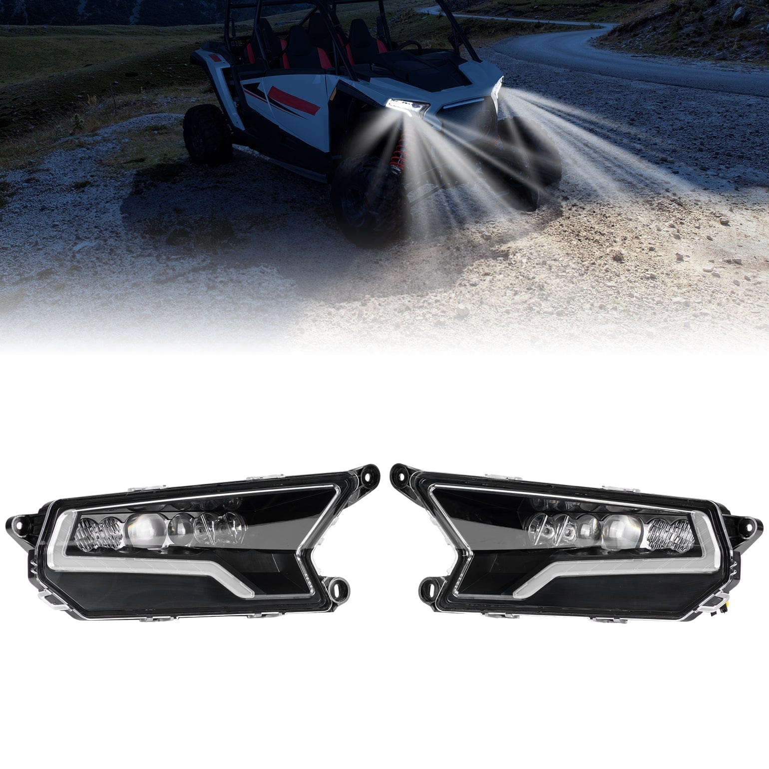 A black Polaris RZR XP 1000 with its Kemimoto LED headlights on is parked at dusk on a gravel road. Below, two black Polaris RZR XP 1000/4 1000 LED Headlights by Kemimoto are shown against a white background.