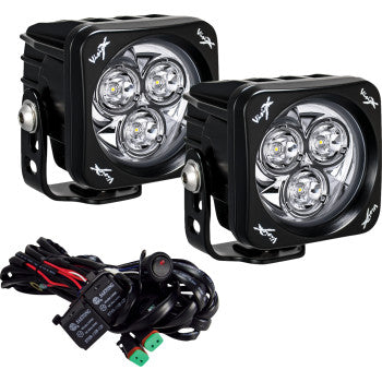 The Light Cannon CG2 3" Multi LED Square Selective Yellow Lens by Vision X is shown in black, with three LEDs each and a wide beam. Includes wiring harness and connectors for easy installation.