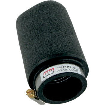 The Pod Air Filter Black Centered by Uni Filter features a cylindrical black foam design, urethane mounting base, metal clamp at the base, and a UNI Filter label for maximum airflow.