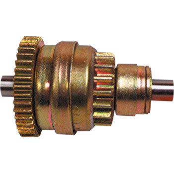 A close-up of the Polaris Starter Drive by Parts Unlimited, an OEM replacement metal gear assembly with interlocking gears and cylindrical parts, highlighted by a golden metallic finish.