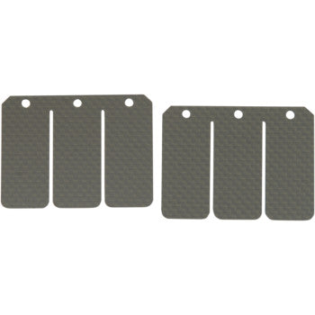 The Polaris - Kawasaki Super Stock Reed Set Carbon by Boyesen includes two rectangular, gray, textured reed petals with three segments each and holes at the top for mounting; the left is slightly taller than the right.
