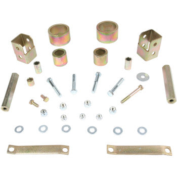 The Lift Kit Front Back 2.00 by High Lifter includes bolts, nuts, washers, spacers, and flat brackets—ideal metal hardware for ATV lift kit or big wheel kit installation, all shown arranged on a white background.