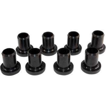 Seven black cylindrical A-Arm Bushing Kit Front by Epi bushings with flanges, arranged in two rows on a white background. Designed for OEM quality and fit, suitable for both right and left sides.