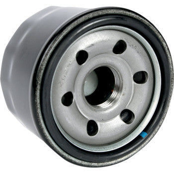 Close-up of the Yamaha - Kymco Oil Filter by Emgo, featuring a metal cylindrical body with a threaded central hole, several smaller surrounding holes on one end, and a black gasket for improved engine protection.