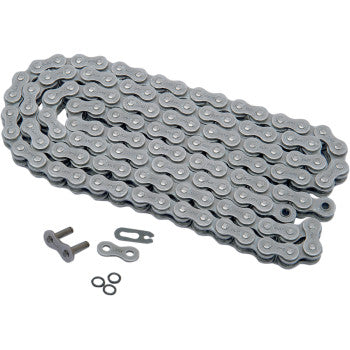 The 520 O-Ring Series Drive Chain 112 Links by Parts Unlimited is a coiled metal chain with connecting links and small metal rings beside it on a white background, designed for long wear life.