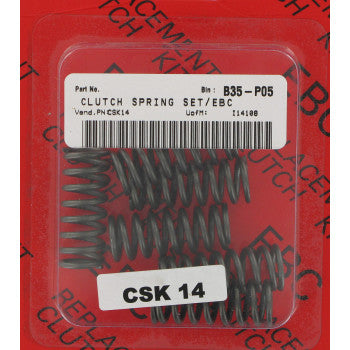 The Clutch Springs by EBC package contains multiple EBC springs for clutch plates, labeled with barcodes and part numbers on a red background displaying repeated EBC and REPLACEMENT CLUTCH text.