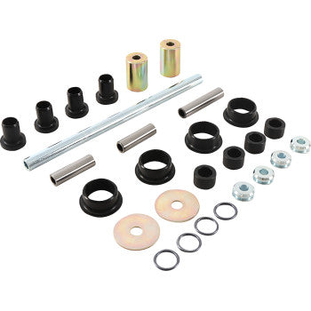The Suspension Kit Rear Independent by Moose Offroad features assorted metal and plastic parts, such as bushings, washers, spacers, nuts, sleeves, and a long rod—all neatly arranged on a white background.