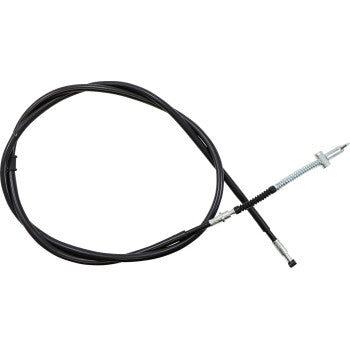 The Honda TRX Parking Brake Cable Rear by Moose Offroad features a coiled black design with metal ends, a black PVC jacket, and a pre-lubricated nylon sleeve—ideal for motorcycles or ATVs—shown against a white background.