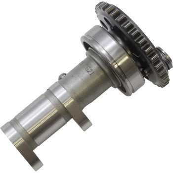 The Yamaha Camshaft Exhaust Stage 3 by Hot Cams features a toothed gear and precision-machined grooves, designed for major power gains in dual cam engines; shown isolated on a white background.
