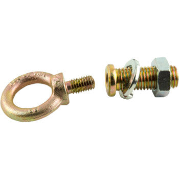 Two Removable Anchor Points by Erickson are shown: a threaded eye bolt on the left and a bolt with washer and nut on the right, both with a gold-bronze chromate finish. Each supports up to a 5,000 lb maximum load.