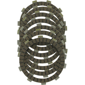 Five round friction plates from the Clutch Kit by EBC, featuring grooved edges and textured surfaces for wear resistance, are stacked in an overlapping pattern against a white background.