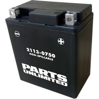 A black, maintenance-free AGM Battery YTX7L by Parts Unlimited (2113-0750), rectangular with top positive/negative terminals; labeled NON-SPILLABLE for high performance.