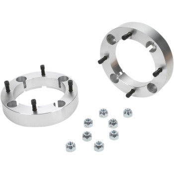 The Polaris Spacer with Stud Wheel Rear 4/156 1-1/2 by High Lifter is shown with silver ATV wheel spacers, black studs, and ten silver lug nuts on a white background—perfect for wheel adapters or aftermarket tires.