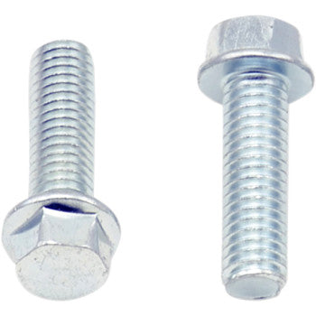 Two silver metallic M6 x 20 flange bolts with hex heads and threaded shafts, one upright and one horizontal.