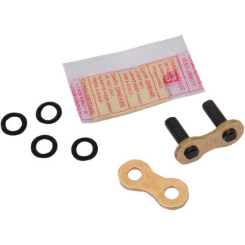 The ATV 520 2 Connecting Link Rivet by Did includes two metal link plates, four black O-rings, two metal pins, and a small grease packet, all shown on a white background.
