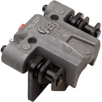 A close-up of the Arctic Cat Brake Caliper Right by Quad Logic, featuring mounting holes, bolts, and a detailed logo—perfect for use with OEM alternative brake pads or upgraded mounting brackets on your ATV.