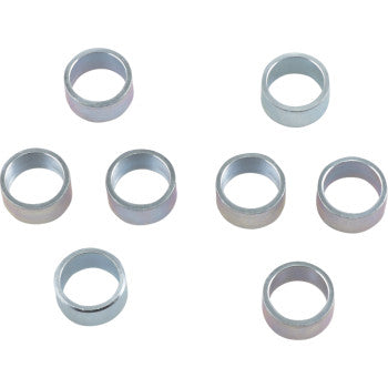 Seven small, metallic Clutch Roller Weights by Epi, designed with a cylindrical shape and plated for strength, are displayed on a white background.