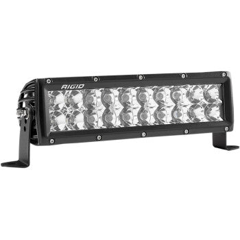 The E-Series PRO LED Light 10 Combo by Rigid Industries is a rectangular LED bar with rows of circular bulbs, a black metal casing, aluminum alloy heatsink, side mounting brackets, and RIGID printed on the upper left front.