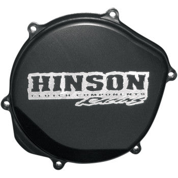 Black round aluminum clutch cover with white Hinson Racing logo printed on the surface.