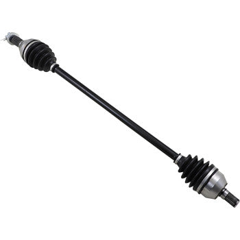 Black metal front axle shaft with protective accordion-style rubber boots on both ends and silver-colored metal joint.