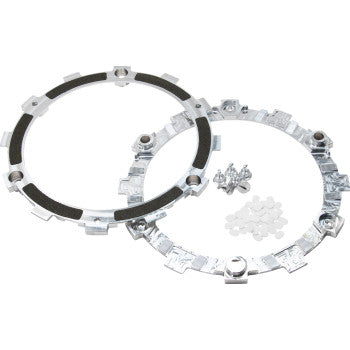 The Clutch Kit by Rekluse, shown on a white background, includes two circular metal mounting brackets with notches and fasteners, along with screws and washer-like pieces—perfect for Offroad and ATV applications.