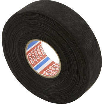 The 1 Tesa PET Fleece Harness Tape Black by Namz features a visible cardboard core with tesa’s red, white, and blue branding. Ideal for wiring looms, this abrasion-resistant adhesive tape ensures lasting durability.