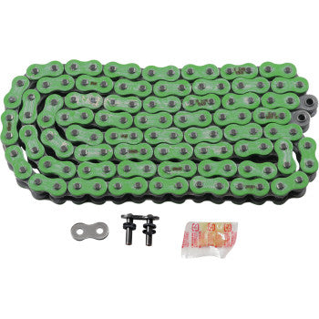 The 530 Max X Chain 120 Links Green by RK, featuring green and silver O-rings for high tensile strength, is coiled on a white surface with a chain link, two pins, and a small lubricant packet.
