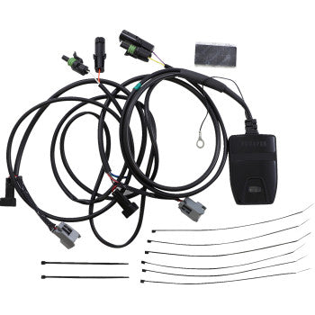 The Fuel Tuner Fi2000 PowerPro Black Victory by Cobra includes automotive wiring harnesses, connectors, a black rectangular control unit, zip ties, and an adhesive pad—ideal for motorcycle EFI tuning.