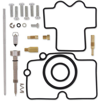 The Polaris Carburetor Repair Kit by Moose Offroad is displayed on a white background, featuring screws, brass jets, NBR rubber seals, gaskets, a needle valve, springs, and O-rings arranged neatly.