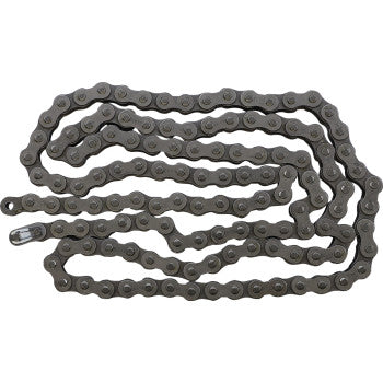 The 428 Standard Non Sealed Chain by Ek features 130 solid rollers and a master link, shown coiled on a white background.