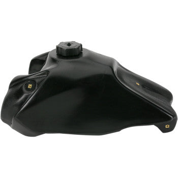 The Honda Large Capacity Gas Tank Black 3.7 Gallon by IMS Products Inc. features high-density polyethylene construction, a screw-on cap, angular contours, convenient mounting points, and included hardware for easy installation; shown on a white background.