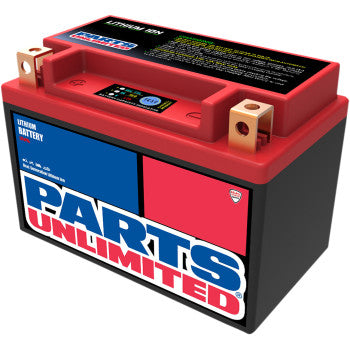 Compact rectangular lithium-ion battery with red top, black body, and bold Parts Unlimited logo on side.