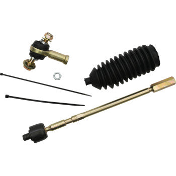 The Tie Rod End Kit Left Hand by Moose Offroad includes heavy-duty metal components, a black rubber boot, two zip ties, and a nut—all displayed on a white background.